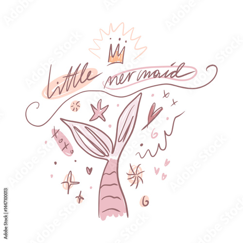 Hand Hand lettered baby pink princess mermaid tail label in hand-drawn kids childish style, fairy tale concept, lettering word. Stylish girl print for posters, cards, mugs, clothes and other. Vector