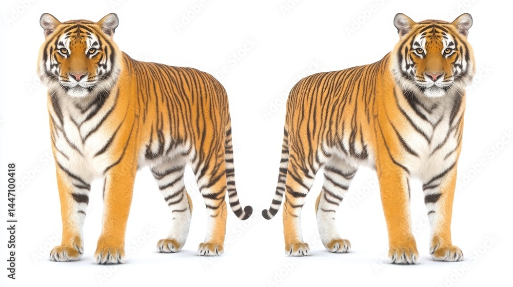 Obraz premium Two majestic sumatran tigers standing side by side isolated on white background showcasing wildlife conservation bengal stripes animalistic beauty