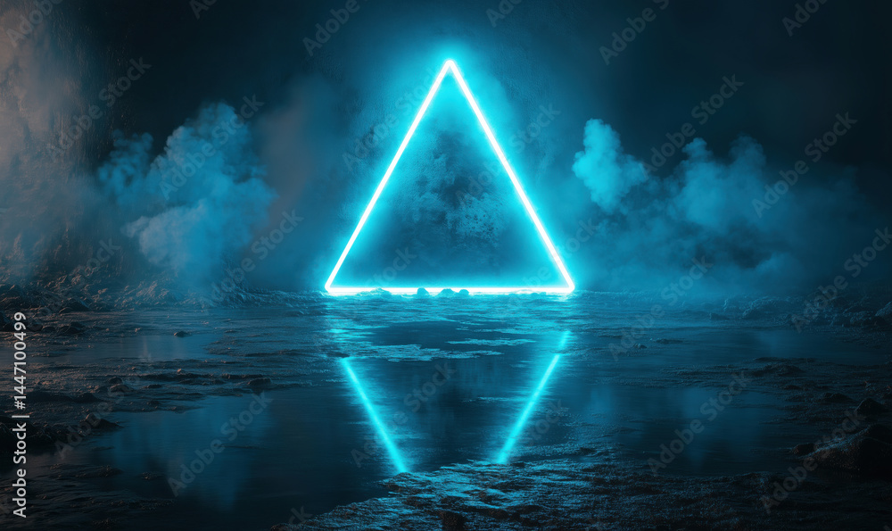 Glowing blue neon triangle in dark misty landscape with reflective water surface.