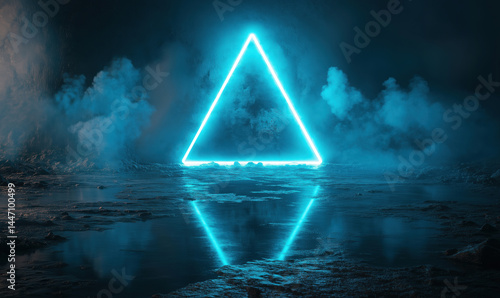 Obraz na płótnie Glowing blue neon triangle in dark misty landscape with reflective water surface. w salonie