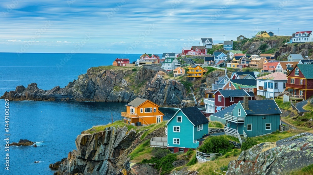 Obraz premium Vibrant coastal houses on cliffside ocean view