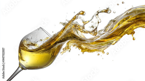 A golden liquid, likely wine, splashes dramatically from a clear glass