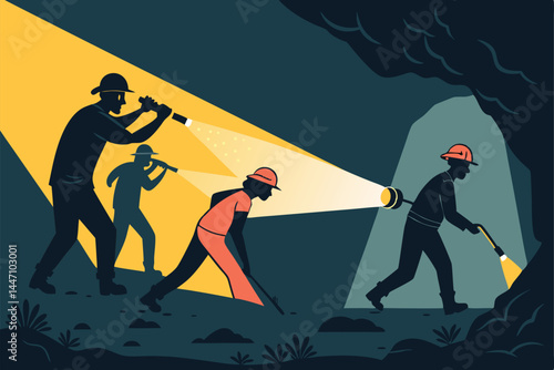 Create a flat vector illustration of miners using flashlights in a dark mine shaft, emphasizing their hard work and the dimly lit environment.