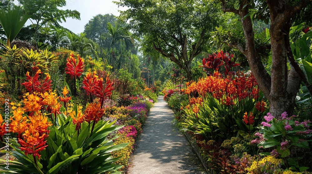 Obraz premium Colorful Exotic Flowers in a Lush Botanical Garden Pathway