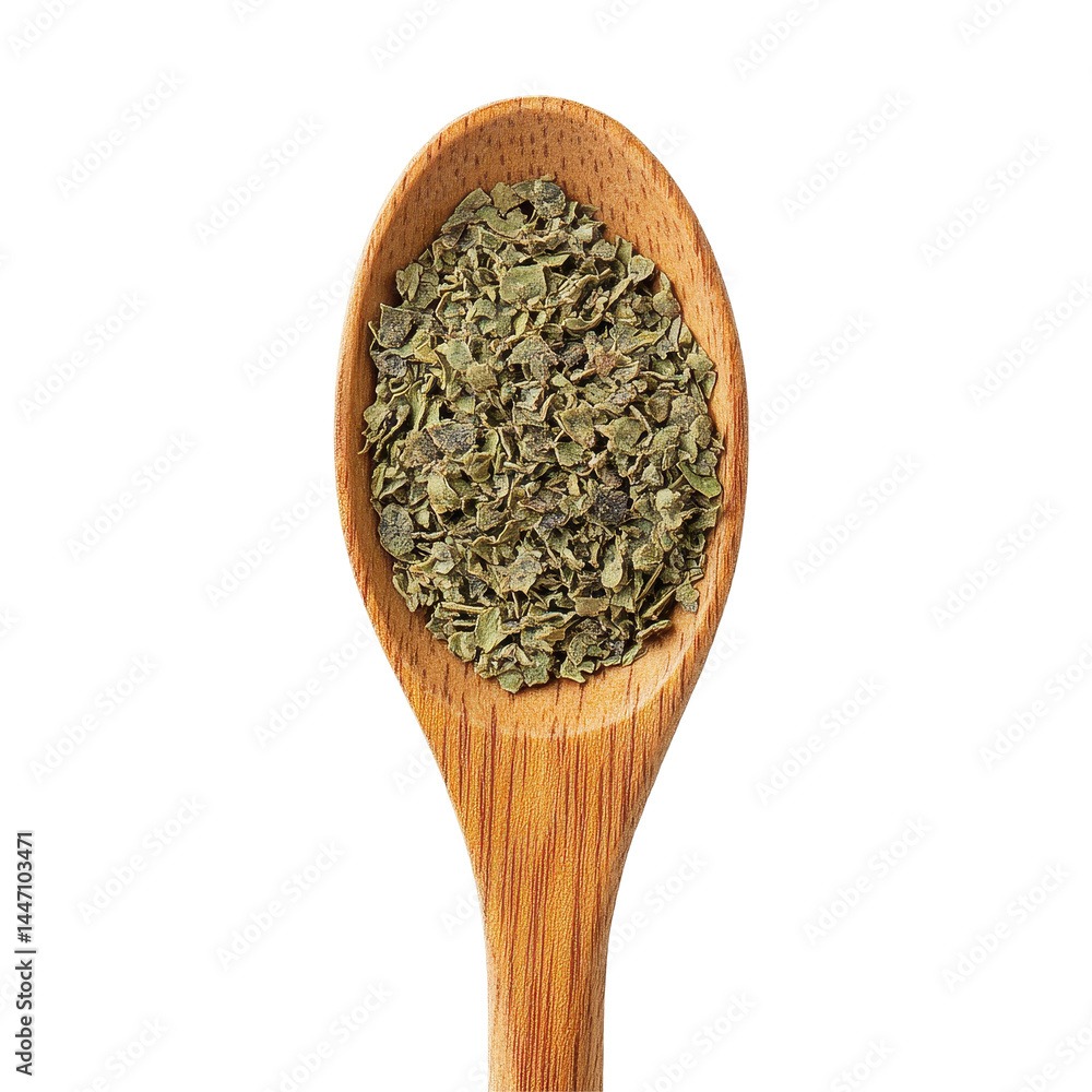 Dried oregano resting in a wooden spoon on a plain Transparent background, Dried oregano in wood spoon isolated on PNG background Dried oregano resting in a wooden spoon on a plain Transparent background, Dried oregano in wood spoon isolated on PNG background