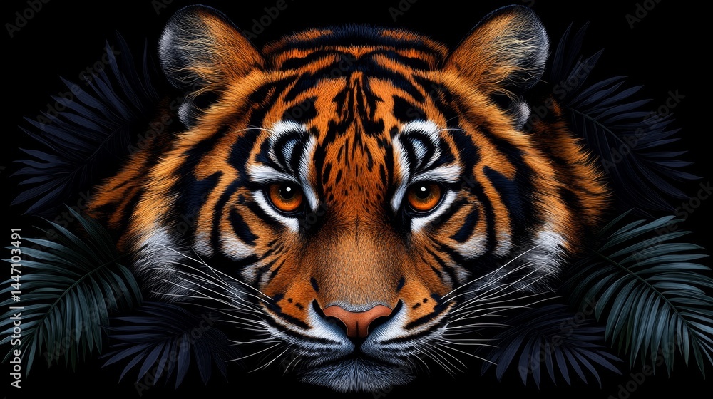 Fototapeta premium Mesmerizing gaze of a bengal tiger emanating raw power blending vibrant hues and intricate patterns on a captivating dark background art