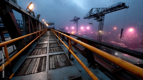 Industrial construction site with cranes, safety walkway, and foggy evening atmospheric background