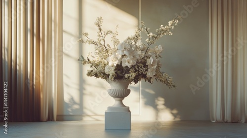 Elegant floral arrangement in a light gray urn photo