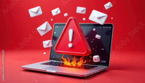 Laptop with warning symbol and flames on keyboard surrounded by flying email icons, symbolizing cybersecurity threat or email attack