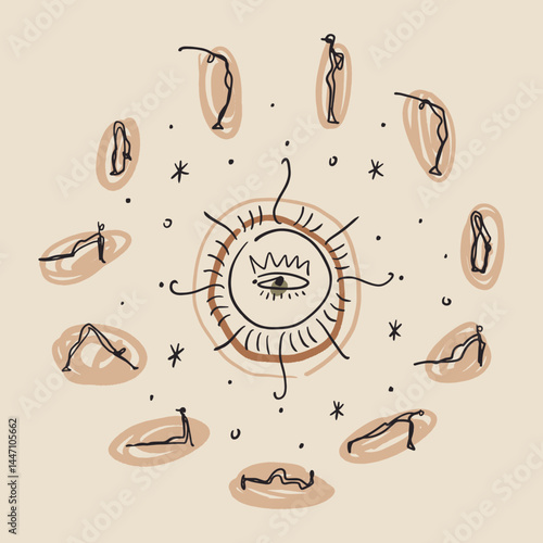 Pictogram logo of Surya Namaskar circle Sun yoga poses vector illustration, abstract figures line minimalistic poster. Om or Oum, meditation Reiki modern brush hand-drawn linear drawings handmade