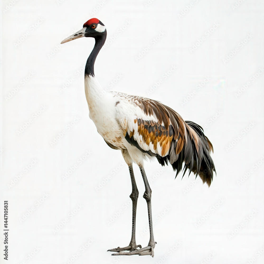 Fototapeta premium Japanese crane stands gracefully against a plain background in natural light