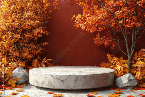 Elegant 3D Showcase Template with Autumn Leaves and Pedestal