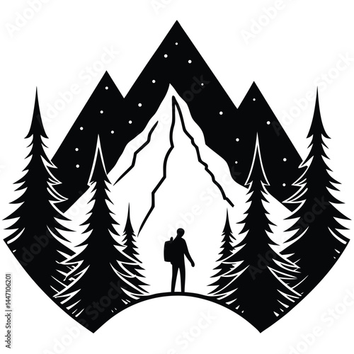 Hiking Vector Silhouette illustration Minimalist mountain scene with hiker and tall pines
