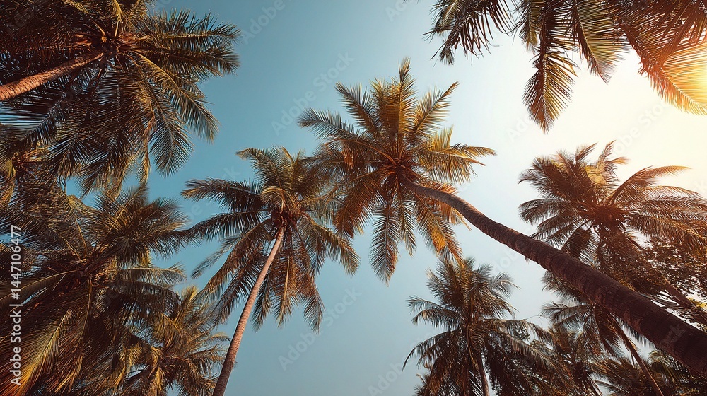 Fototapeta premium Swaying Palm Trees on a Tropical Beach Under the Sunlit Sky