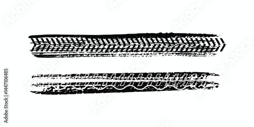 Collection of black motorcycle tire tread prints with grunge effect isolated on white background. Bicycle or car wheel tracks with seamless texture. Vector brush