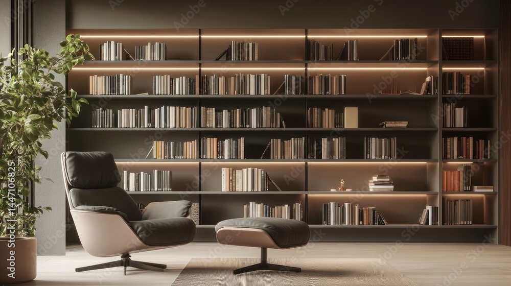 Cozy reading nook with illuminated bookshelves Cozy reading nook with illuminated bookshelves