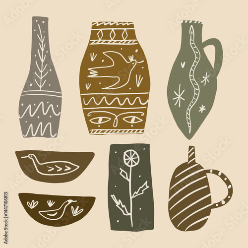 Cute cozy pottery illustration ceramics with abstract faces modern graphics hobby vases and vessels background, handmade pottery wallpaper vector surface design in minimalist style. Organic shapes