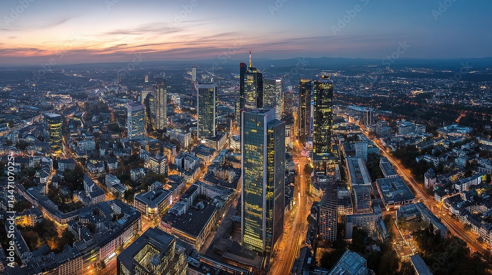 Obraz premium Aerial High Resolution Dusk Panorama of Frankfurt City Skyline