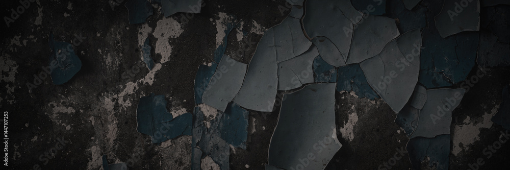 Dark wide panoramic background. Peeling paint on a concrete wall. Dark grunge texture of old cracked flaking paint. Weathered rough painted surface. Patterns of cracks. Darkness background for design.