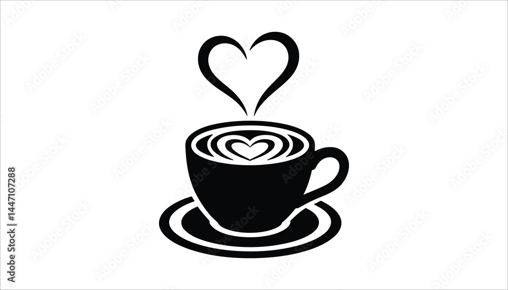 Obraz premium Coffee Cup with Heart Steam, Love Coffee Icon, Latte Art Vector