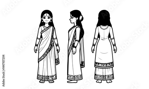 Indian mom Woman Girl character model sheet front to back all view