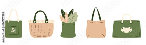 Paper shopping bags filled with grocery products from a supermarket or farmer market, zero-waste textile packaging, vegetables, and greens for eco-friendly design. Vector illustration in organic flat