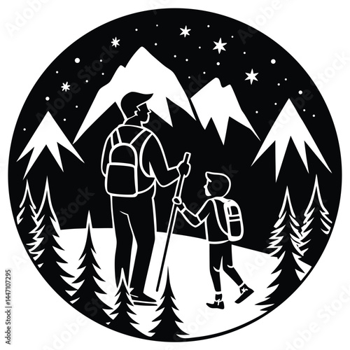 Hiking Vector Silhouette illustration Young child hiking with parent family adventure