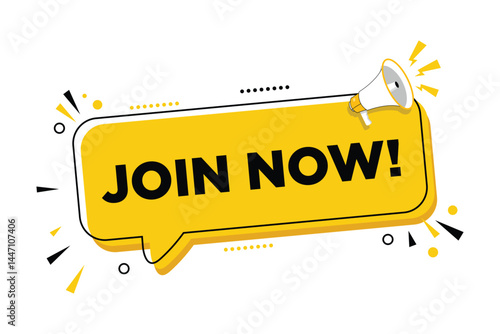 Megaphone with join now speech bubble banner. Loudspeaker. Can be used for business, marketing and advertising.