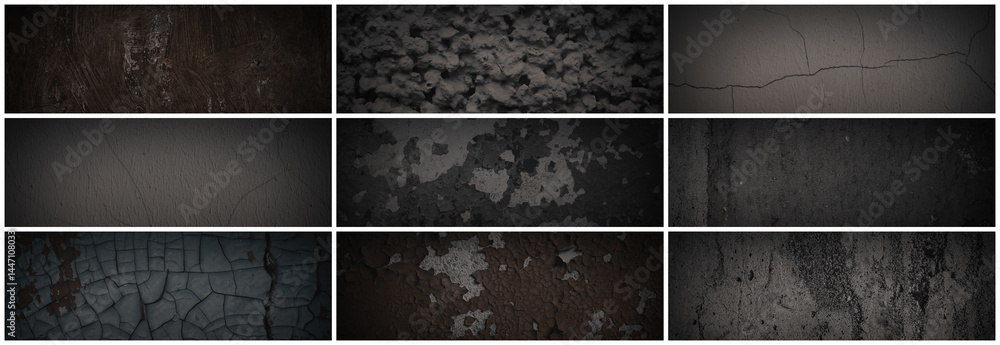 Set of dark panoramic background textures. Collection of wide textures with peeling paint, cracks, rust, scratches, noise and grain. Rough surfaces of old walls. Bundle of backgrounds for design.