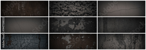 Set of dark panoramic background textures. Collection of wide textures with peeling paint, cracks, rust, scratches, noise and grain. Rough surfaces of old walls. Bundle of backgrounds for design.