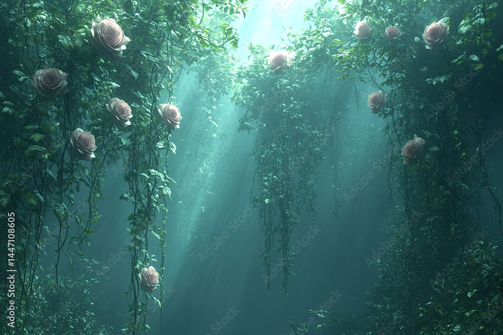 Fototapeta premium Ethereal Fantasy Scene with Roses and Space for Text
