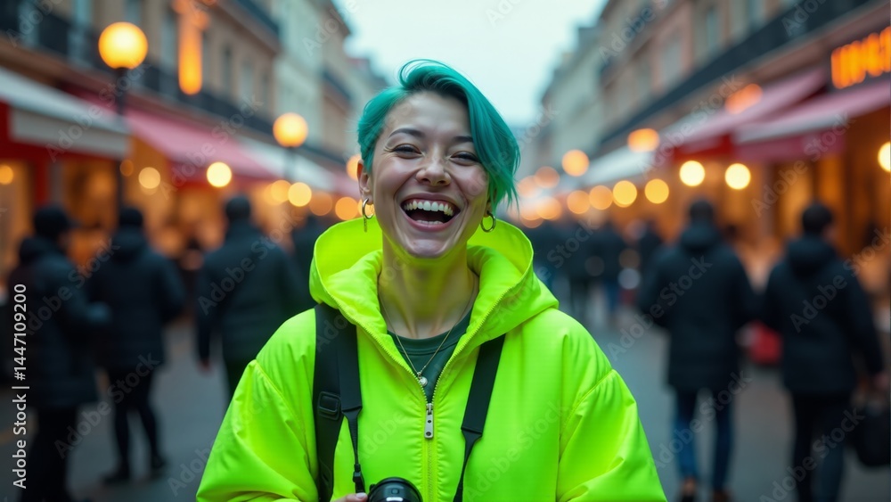 Fototapeta premium Laughing Woman With Teal Hair In Paris