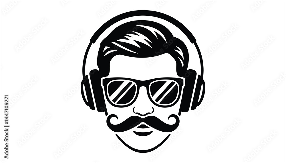 Stylized Man with Mustache, Sunglasses, and Headset Icon Stylized Man with Mustache, Sunglasses, and Headset Icon