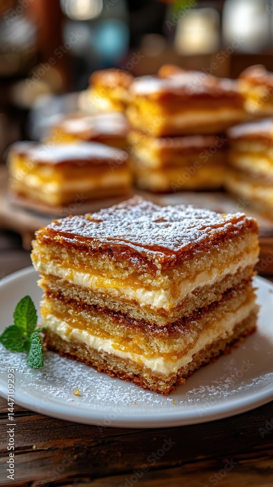 Savor the elegance of a luscious layered Napoleon cake adorned with a sprinkle of powdered sugar. Savor the elegance of a luscious layered Napoleon cake adorned with a sprinkle of powdered sugar.