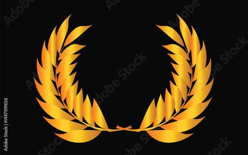 Golden laurel wreath, winner award set vector illustration. Gold branch olive leaf or star victory symbol, coat of arms decoration design, victory honor champion prize isolated on black