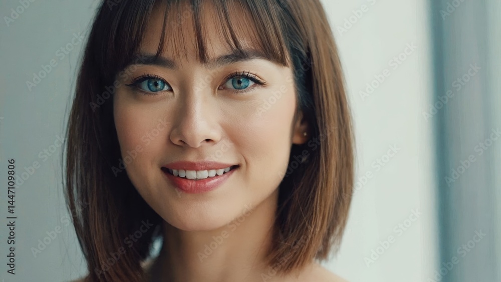 A cheerful Asian woman with blue eyes, looking directly at the camera. She has a light makeup and is wearing modern fashion. A cheerful Asian woman with blue eyes, looking directly at the camera. She has a light makeup and is wearing modern fashion.