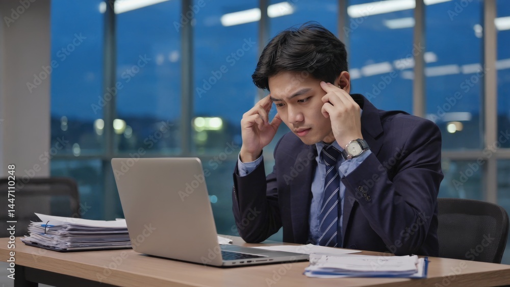 Businessman in suit and tie using laptop, pondering work challenges. A common scene in a professional setting. Businessman in suit and tie using laptop, pondering work challenges. A common scene in a professional setting.