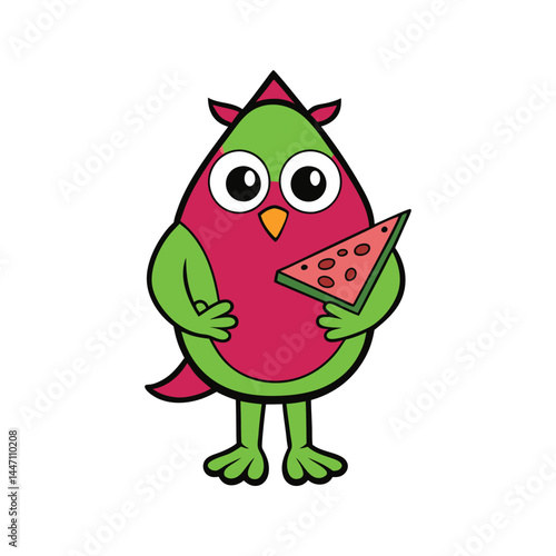 outline of a cheeky owl mascot holding a pizza slice