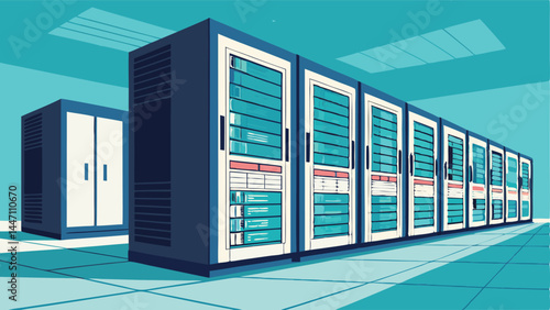 Create a vibrant vector illustration of a futuristic database server room, showcasing advanced technology and sleek design.  Include glowing servers and intricate network cabling.