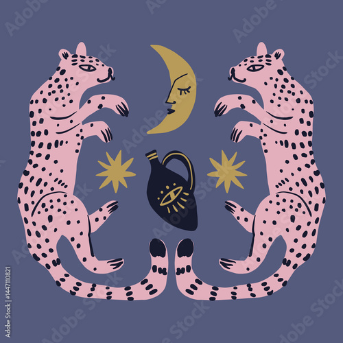 Photography Pink groovy leopards or cheetah wild cat couple in love romantic boho illustrati