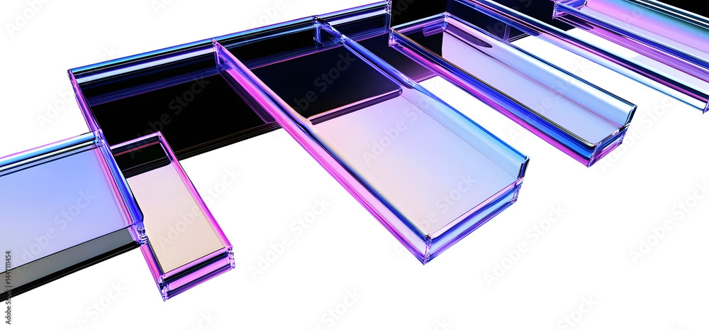 Abstract 3d black background wallpaper with glass square frames flying in row perspective. Crystal render borders with holographic gradient light effect, digital graphic tech banner