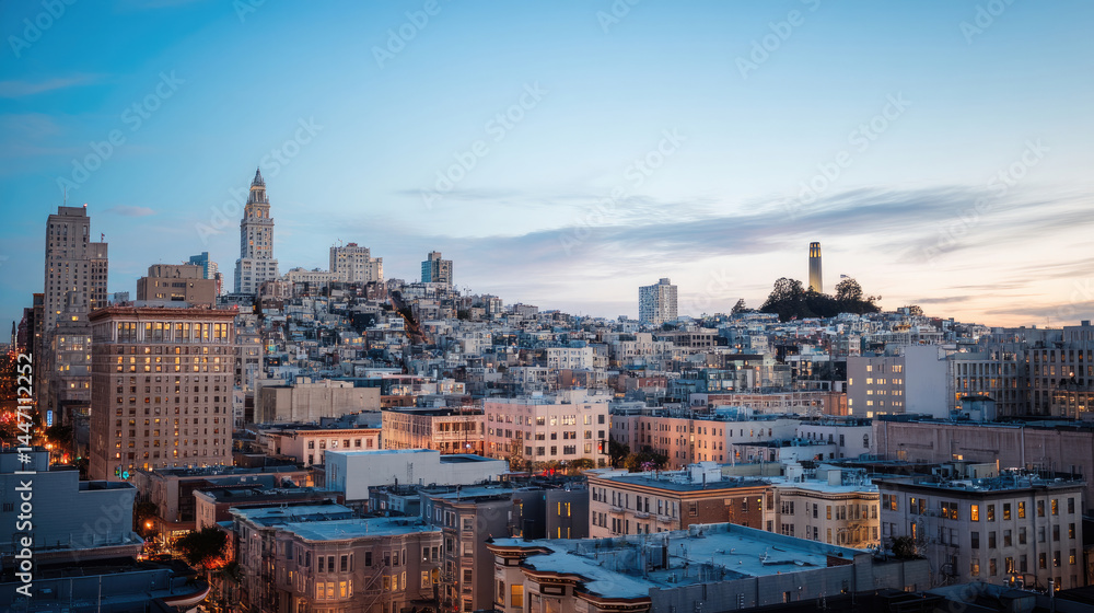 Fototapeta premium City skyline at dawn, buildings clustered on a hill, pale sky