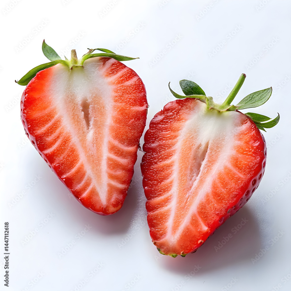 A strawberry sliced in half vertically, revealing its juicy red flesh and small, speckled seeds along the center. A strawberry sliced in half vertically, revealing its juicy red flesh and small, speckled seeds along the center.