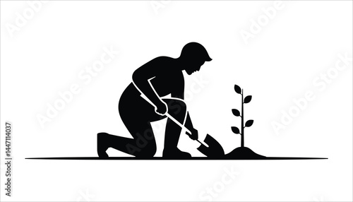 Man Planting Tree Silhouette Vector. Gardening and Farming Icon. Nature Conservation Illustration Design