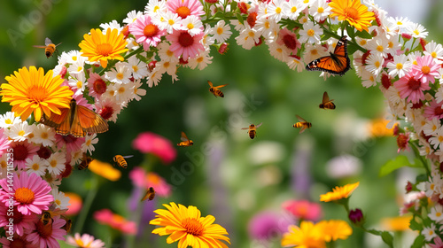 Butterflies and bees flit from bloom to bloom, pollinating the flowers and bringing the archway to life with their gentle buzzing and fluttering wings.