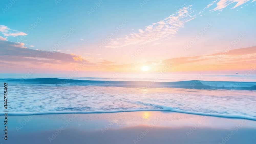 Serene ocean sunrise with gently rolling waves on a tranquil beach Serene ocean sunrise with gently rolling waves on a tranquil beach
