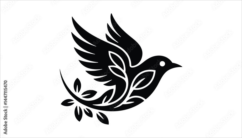 Black Bird Silhouette with Leaf Pattern | Flying Nature Dove Vector | Elegant Animal Logo Design Illustration Black Bird Silhouette with Leaf Pattern | Flying Nature Dove Vector | Elegant Animal Logo Design Illustration