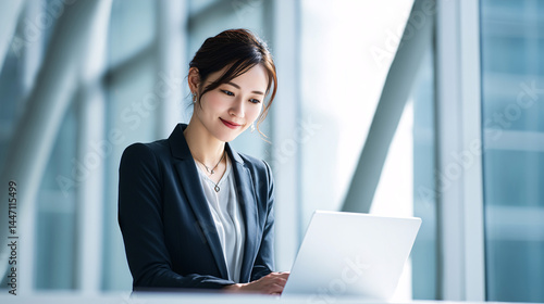 オフィスで働く自信に満ちた笑顔の女性 ノートパソコンで調べもの Generative AI