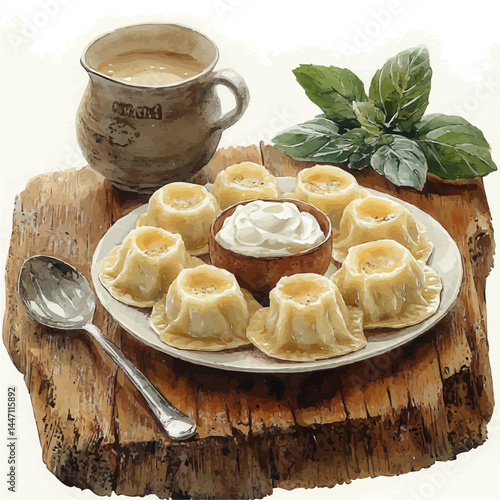 Plate Of Pierogi With Sour Cream, watercolor vector, isolated on a white background.