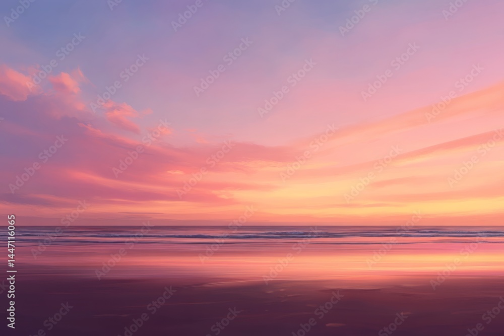 Fototapeta premium Colorful sunset unfolds over the tranquil beach as the sun descends toward the horizon, casting gentle light on the waves and offering ample space for creative designs